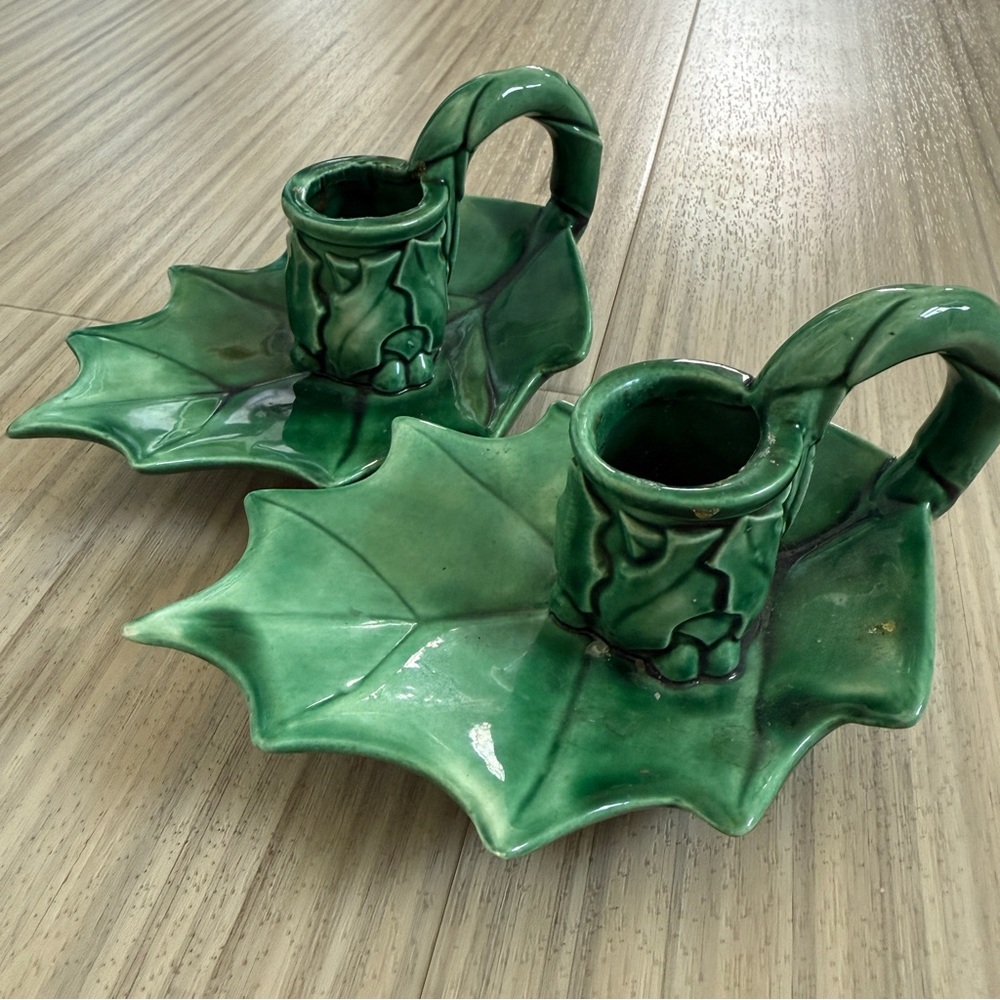 Vintage Holly Green Ceramic Candle Holders by Holland Mold